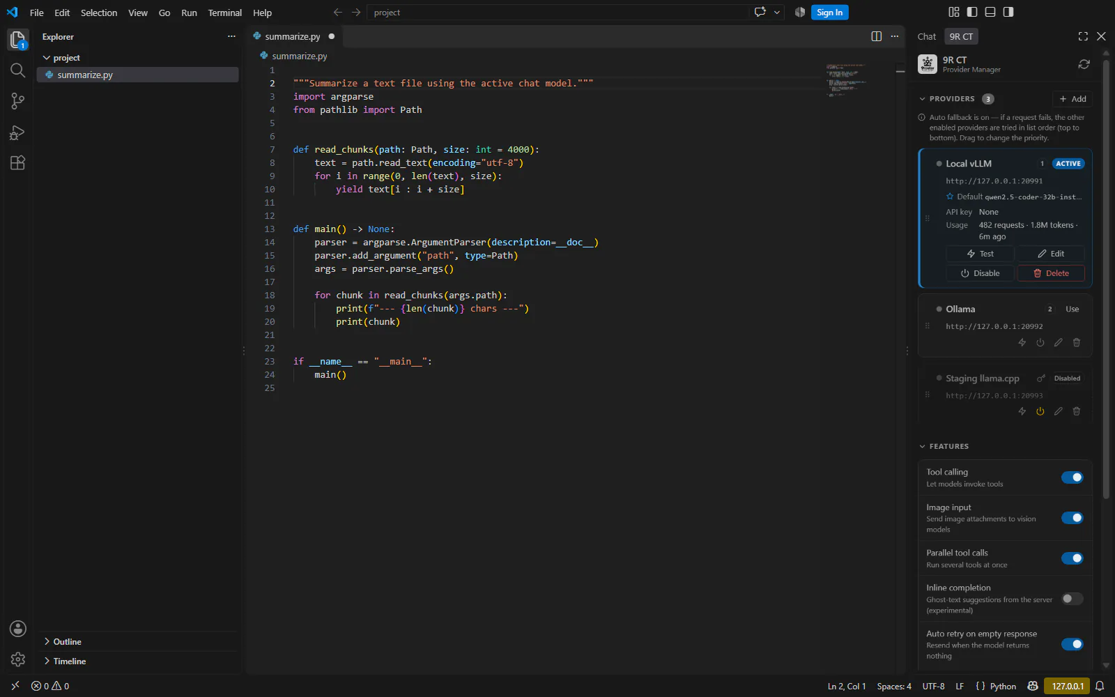 VS Code with the 9R CT provider manager open in a dark theme, listing three providers and the Features switches